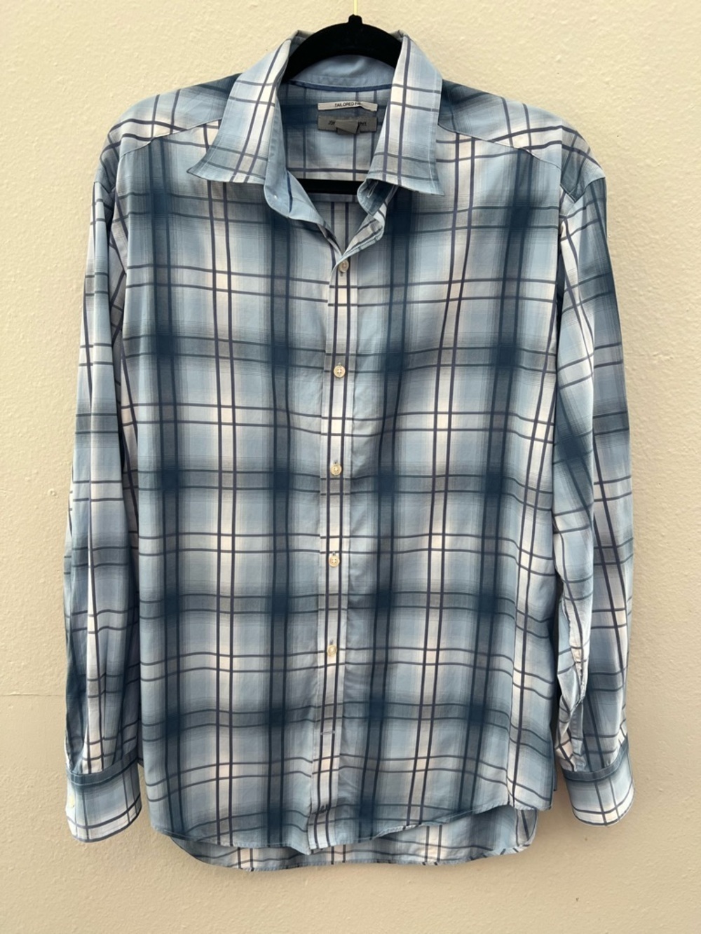 Johnston & Murphy Blue Plaid Button Down Shirt Men’s Large Tailored Fit